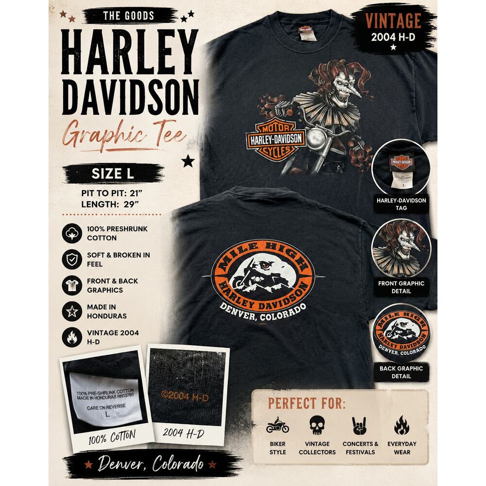Vintage Harley Davidson Denver Colorado Clown Graphic Tee Large Black